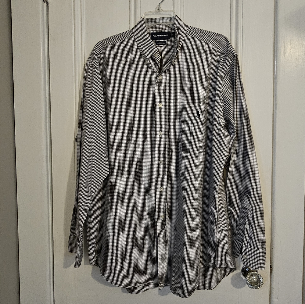 Ralph Lauren Golf Men's Large Tilden Cotton Button Down Shirt Navy Windowpane